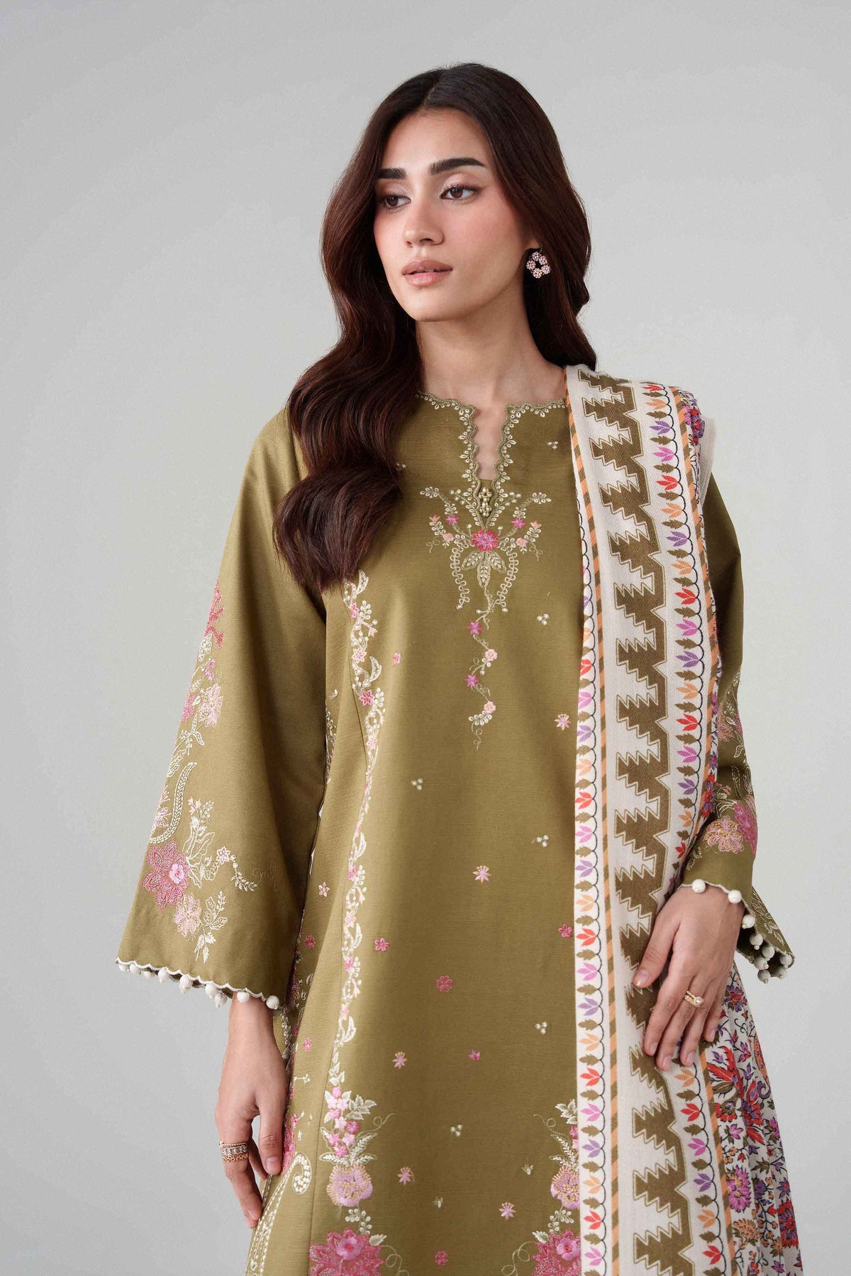 Green 3-Piece Printed Embroidered Suit in Khaddar unstitched