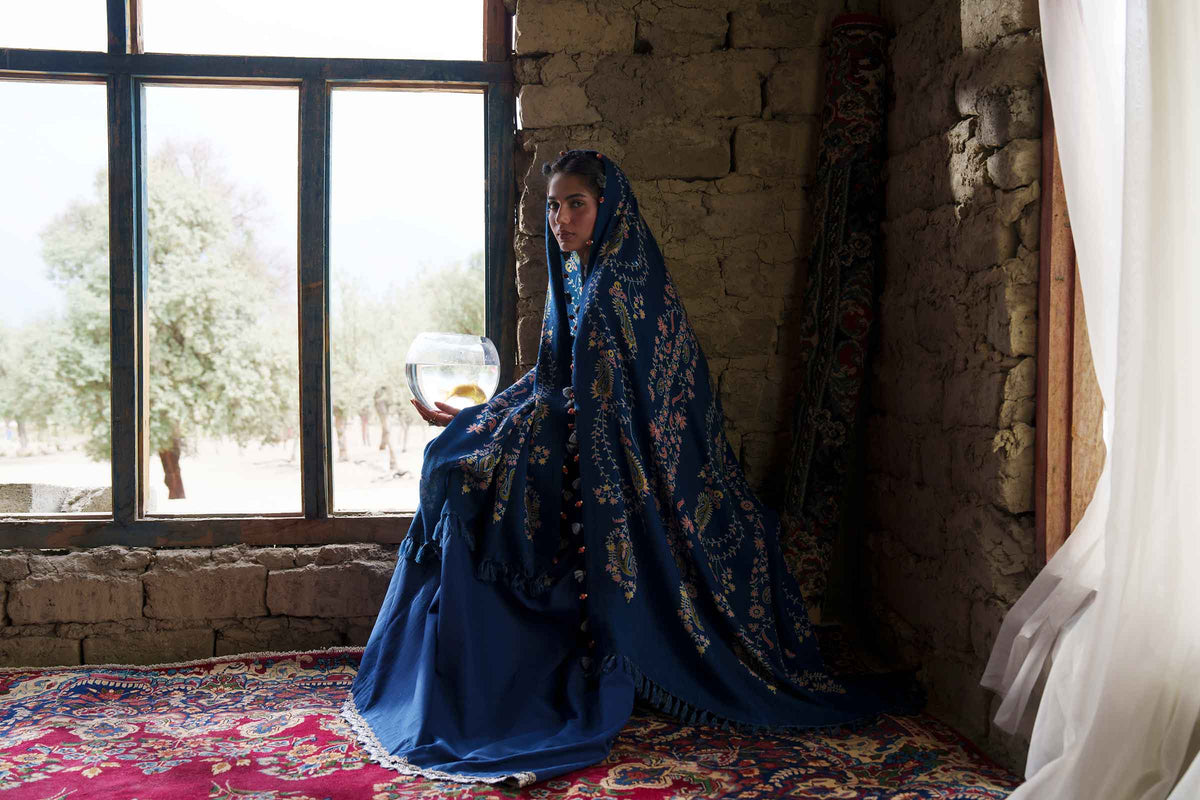 Blue 3-Piece Printed Embroidered Suit in Khaddar unstitched