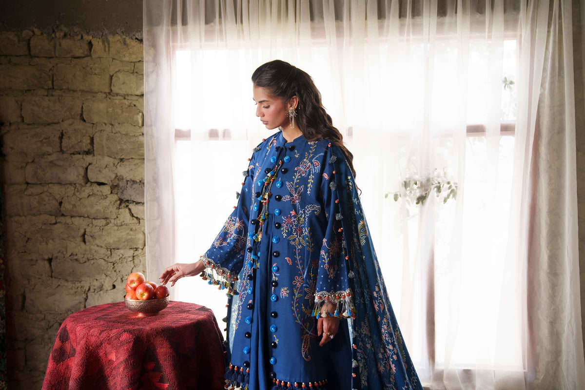 Blue 3-Piece Printed Embroidered Suit in Khaddar unstitched