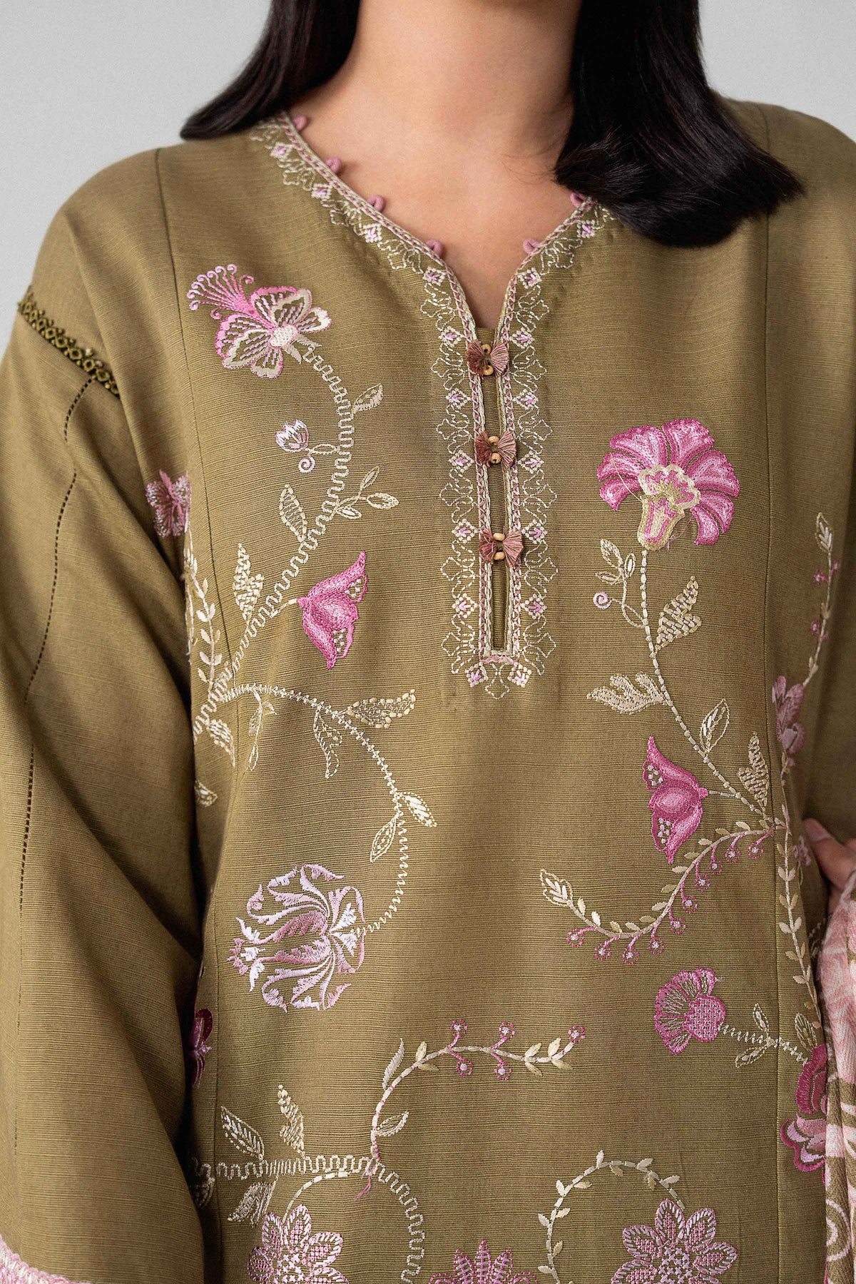 Green 3-Piece Printed Embroidered Suit in Khaddar unstitched