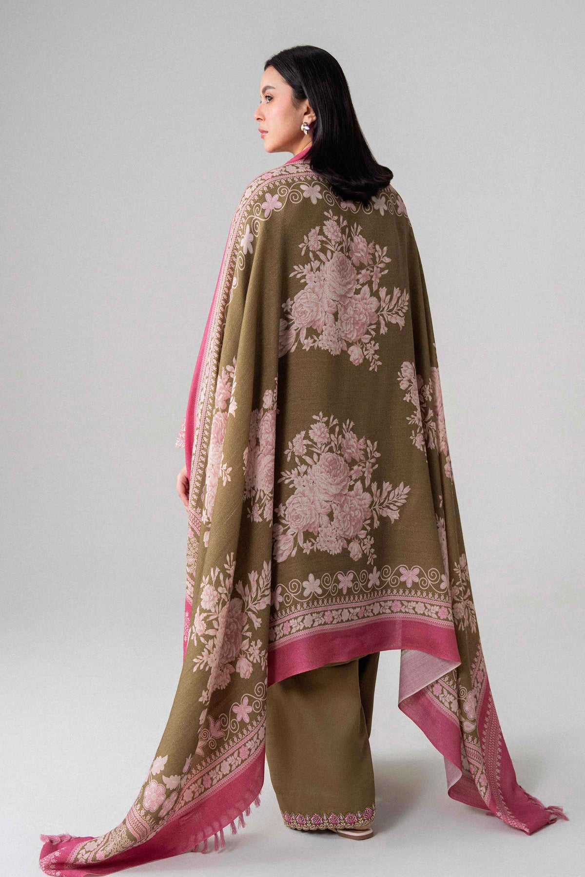 Green 3-Piece Printed Embroidered Suit in Khaddar unstitched