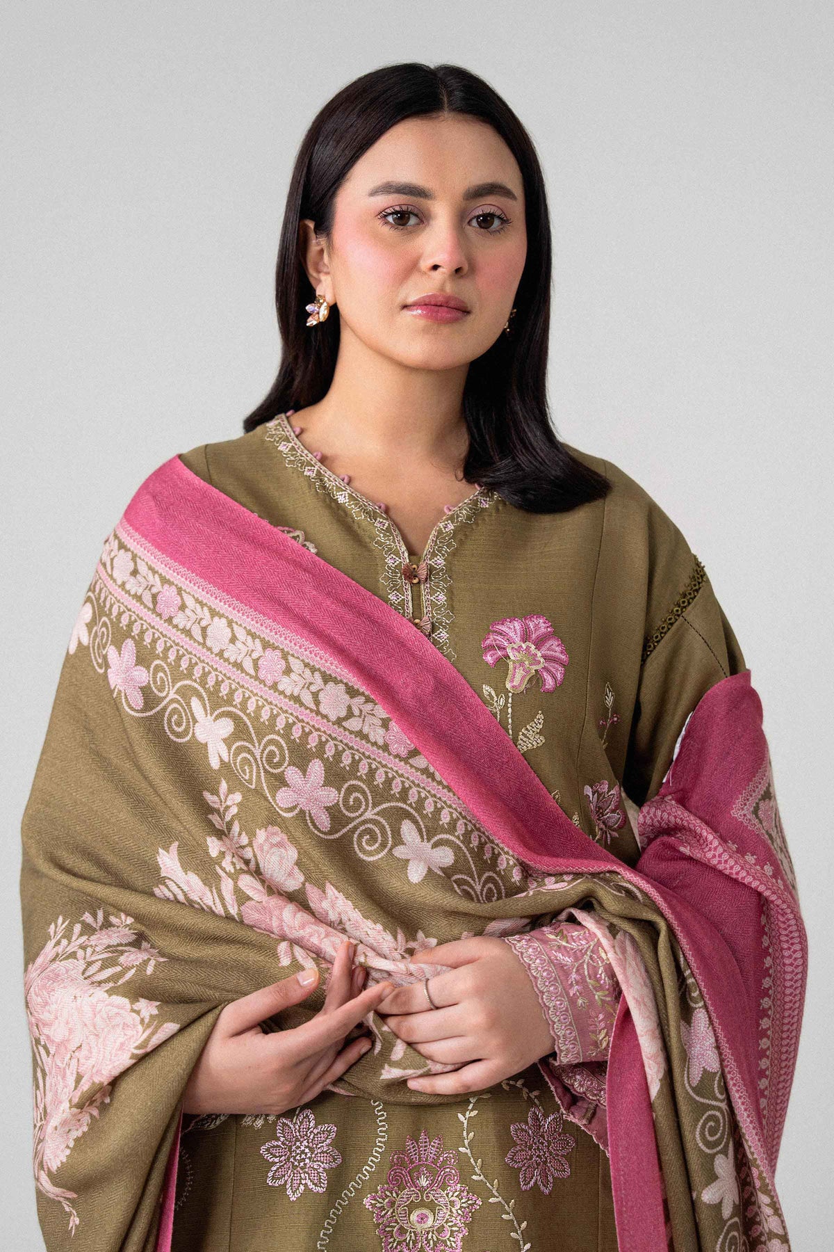 Green 3-Piece Printed Embroidered Suit in Khaddar unstitched