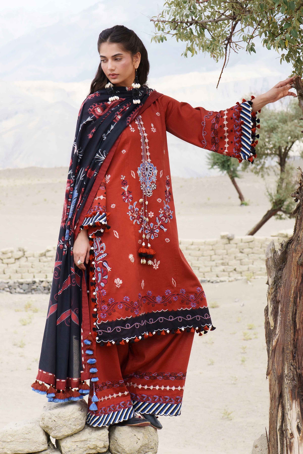 3-Piece Printed Embroidered Suit in Karandi unstitched