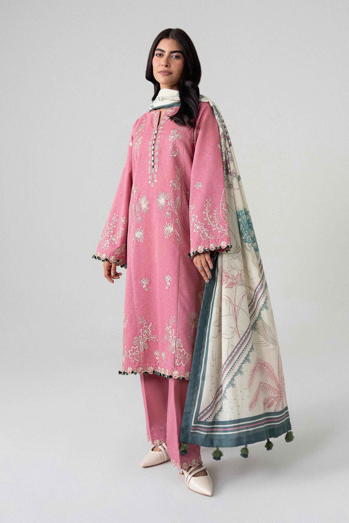 Pink 3-Piece Printed Embroidered Suit in Karandi unstitched