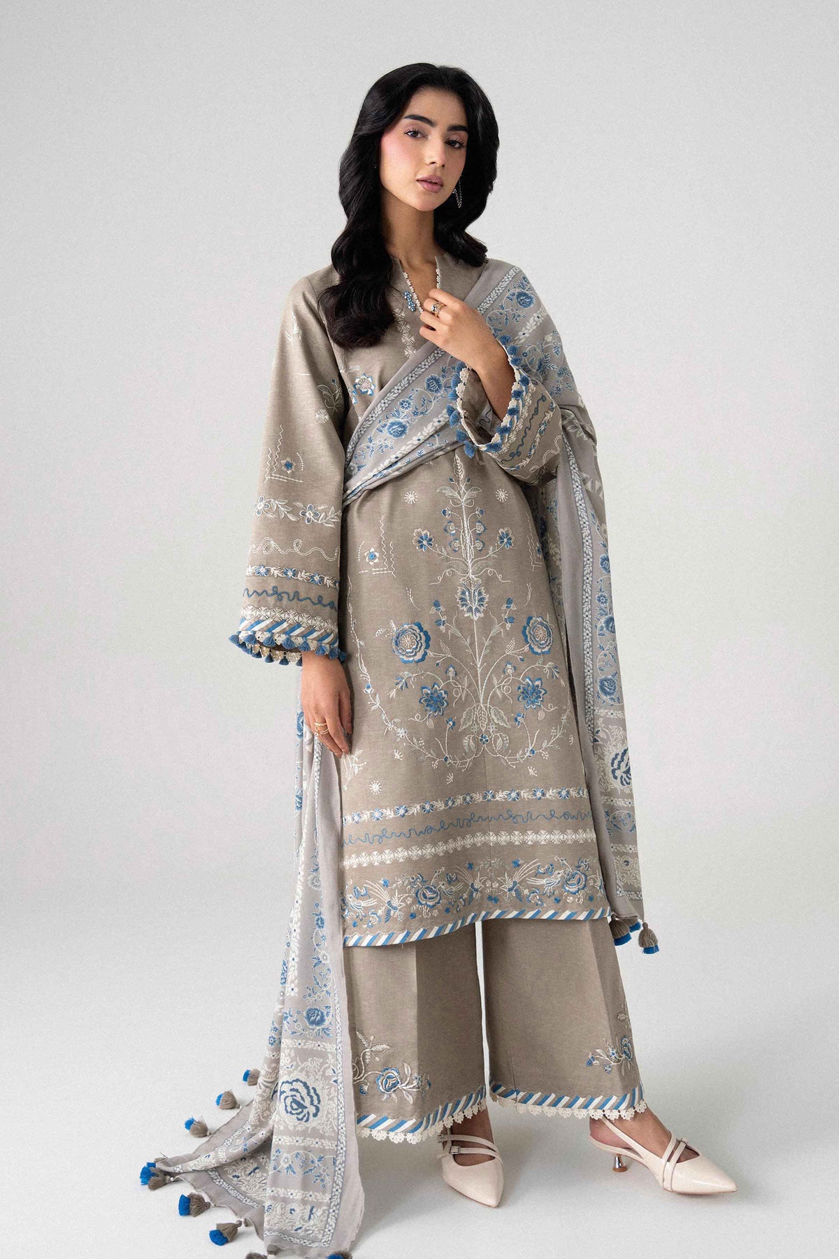 Beige 3-Piece Printed Embroidered Suit in Karandi unstitched