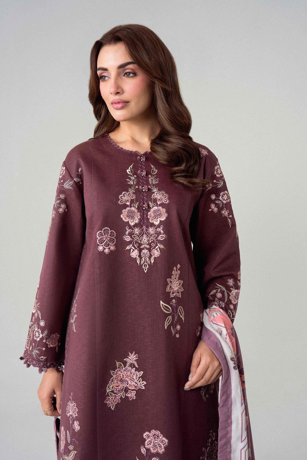 Purple 3-Piece Printed Embroidered Suit in Karandi unstitched