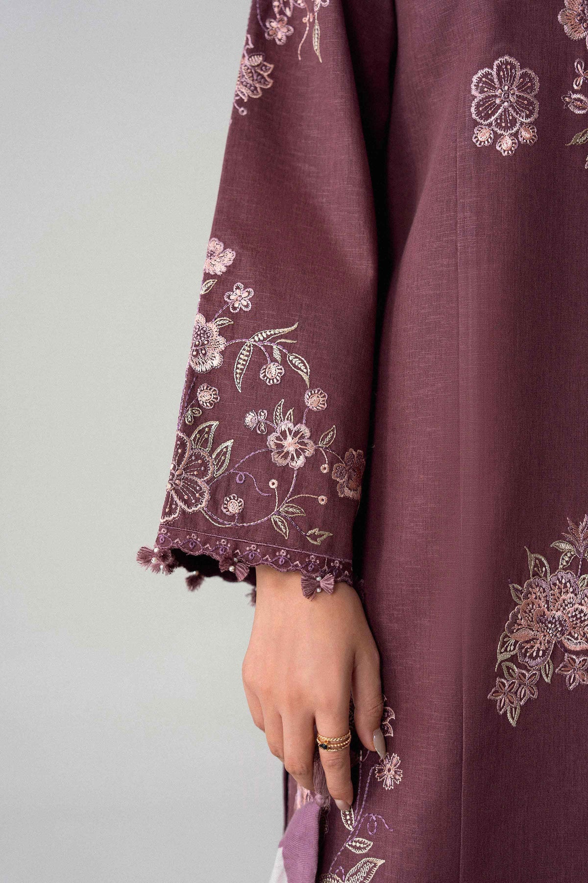 Purple 3-Piece Printed Embroidered Suit in Karandi unstitched