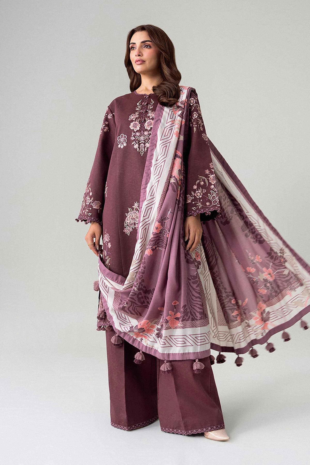 Purple 3-Piece Printed Embroidered Suit in Karandi unstitched
