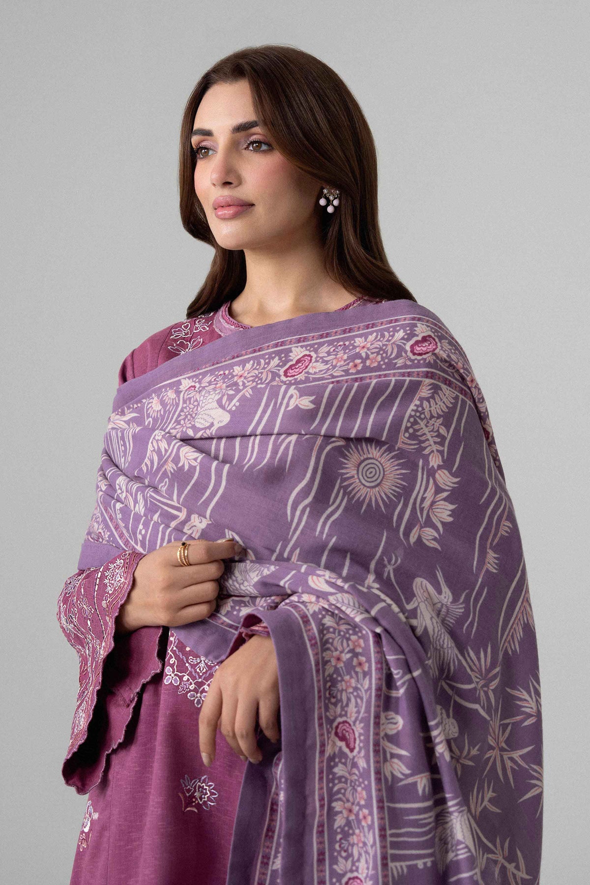 Purple 3-Piece Printed Embroidered Suit in Karandi unstitched