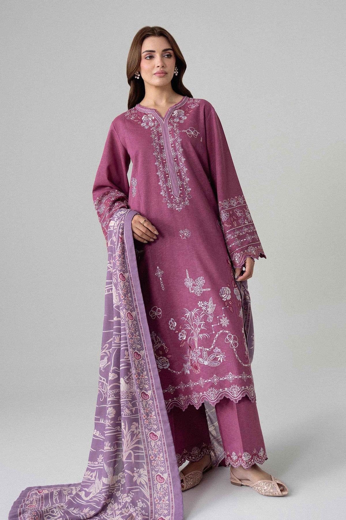 Purple 3-Piece Printed Embroidered Suit in Karandi unstitched