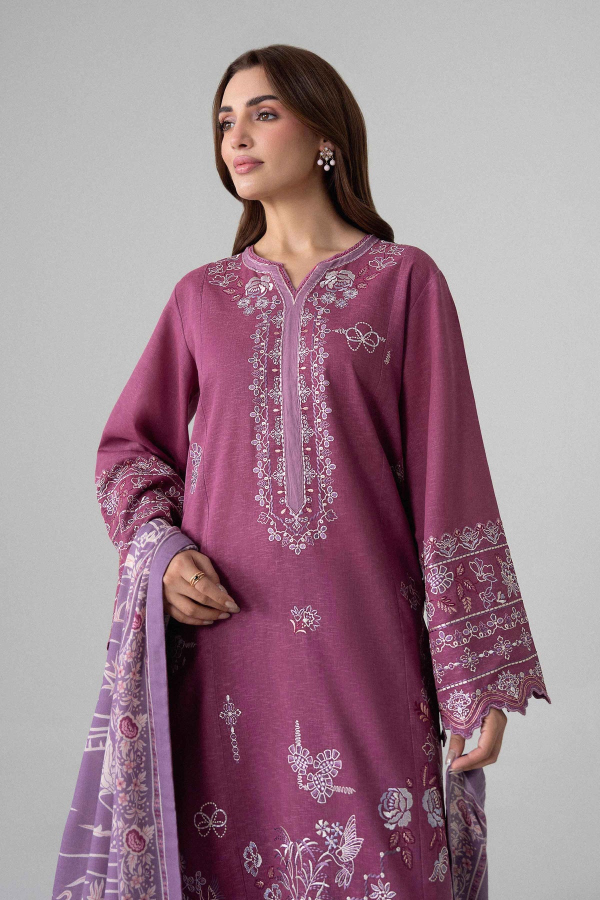 Purple 3-Piece Printed Embroidered Suit in Karandi unstitched