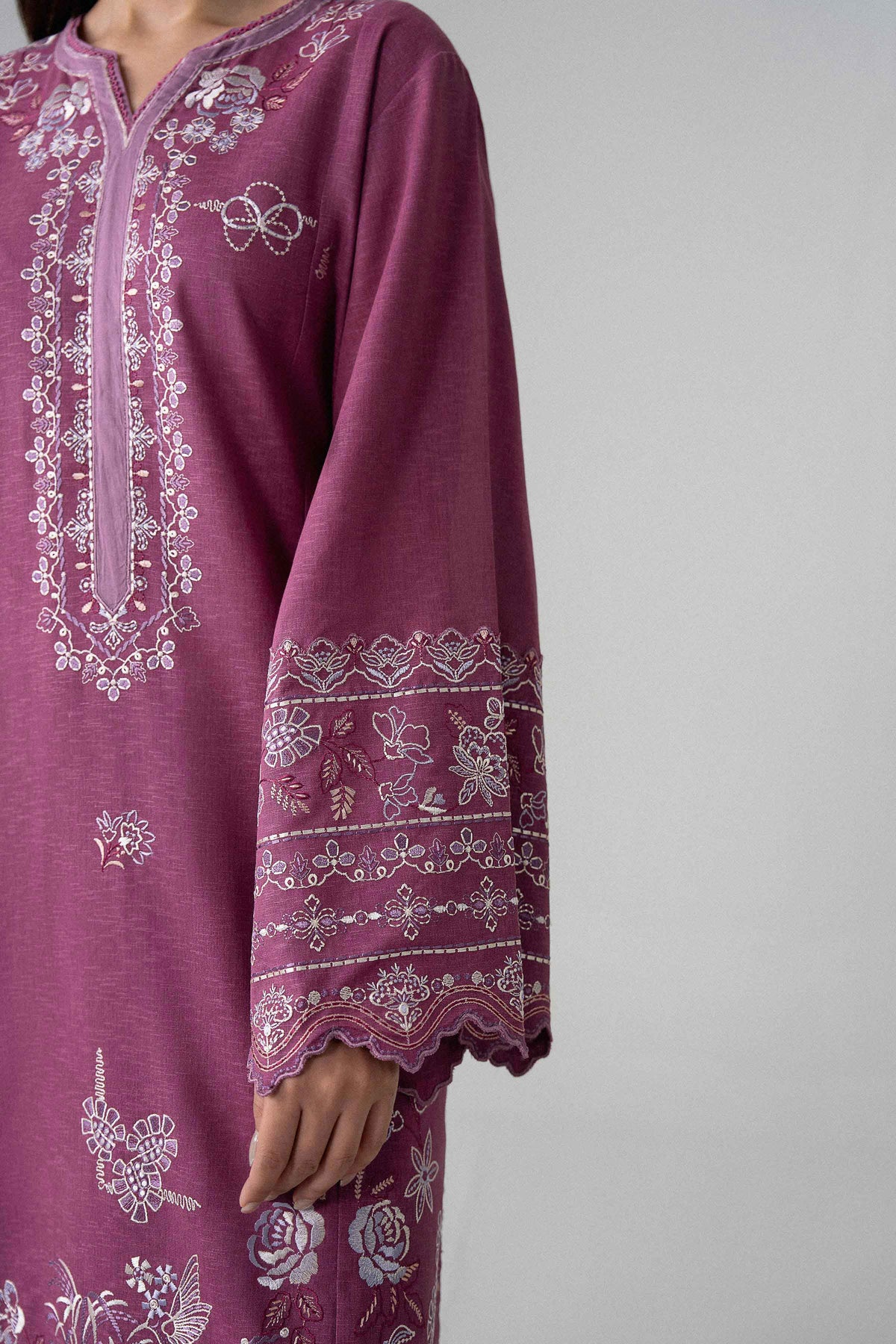 Purple 3-Piece Printed Embroidered Suit in Karandi unstitched