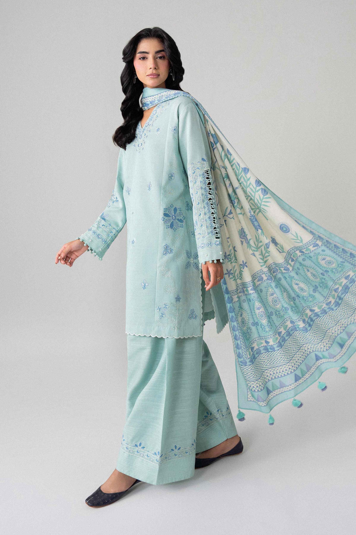 Blue 3-Piece Printed Embroidered Suit in Khaddar unstitched