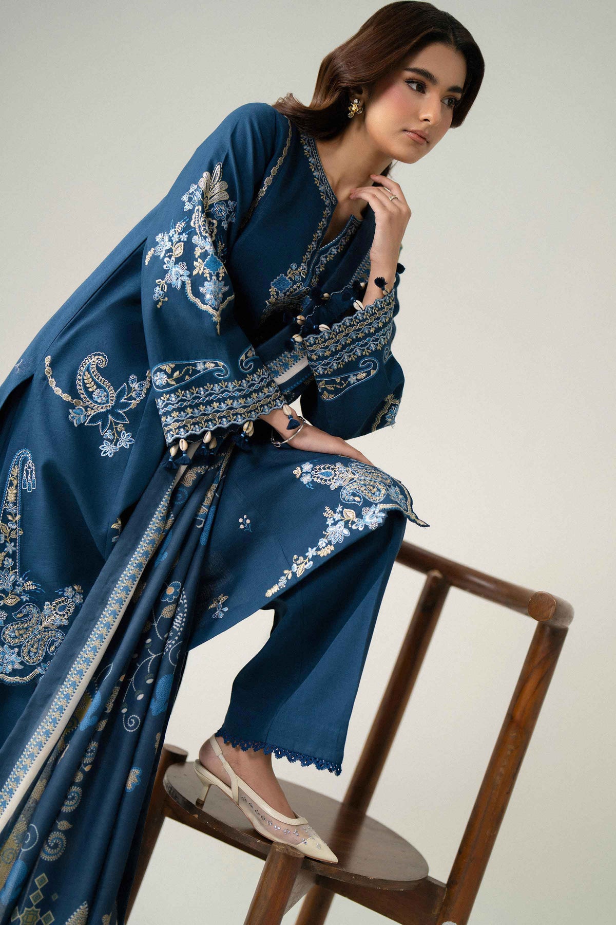 Blue 3-Piece Printed Embroidered Suit in Khaddar unstitched