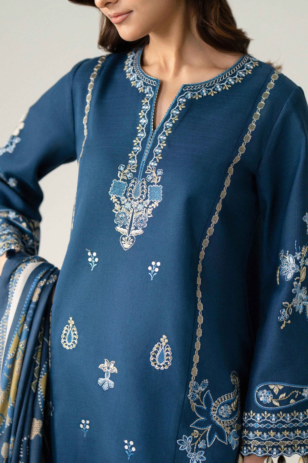 Blue 3-Piece Printed Embroidered Suit in Khaddar unstitched