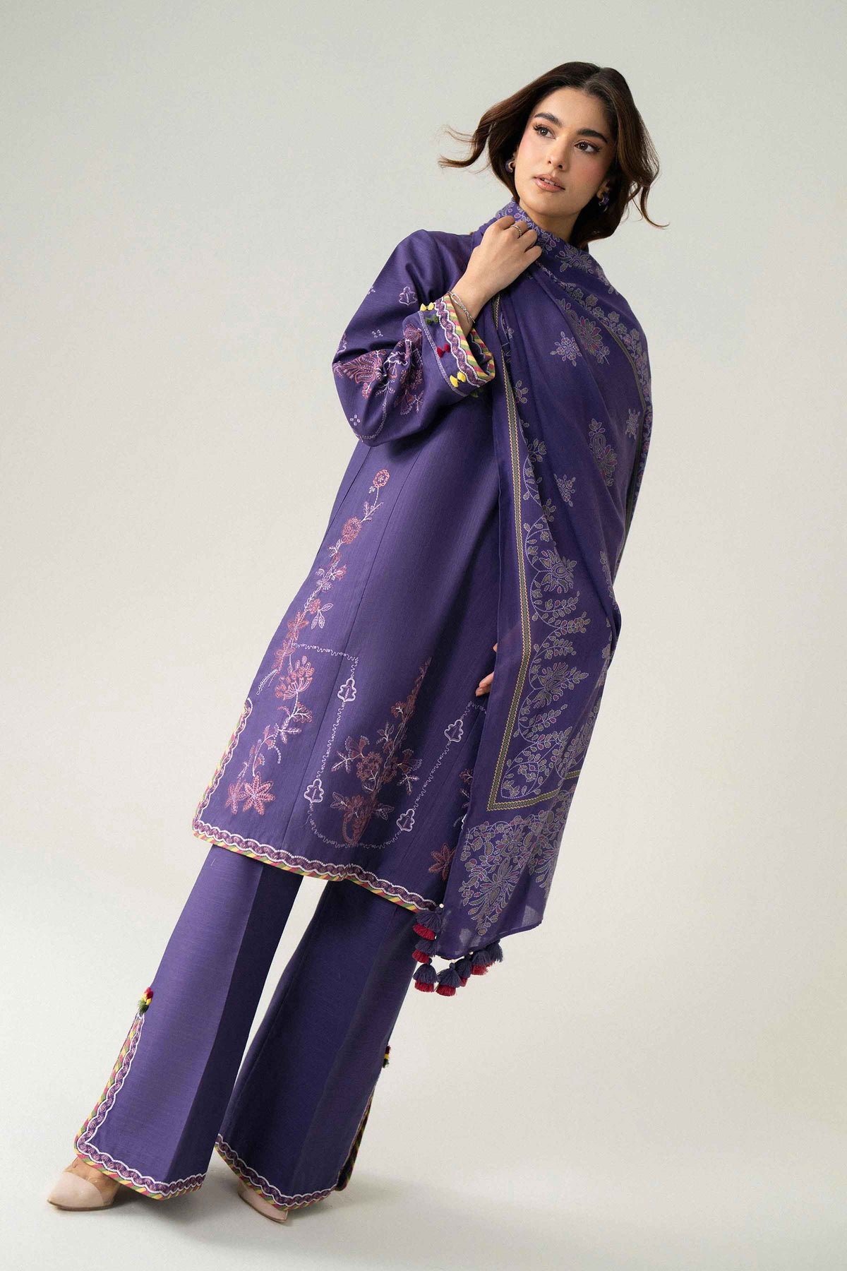 Purple 3-Piece Printed Embroidered Suit in Khaddar unstitched
