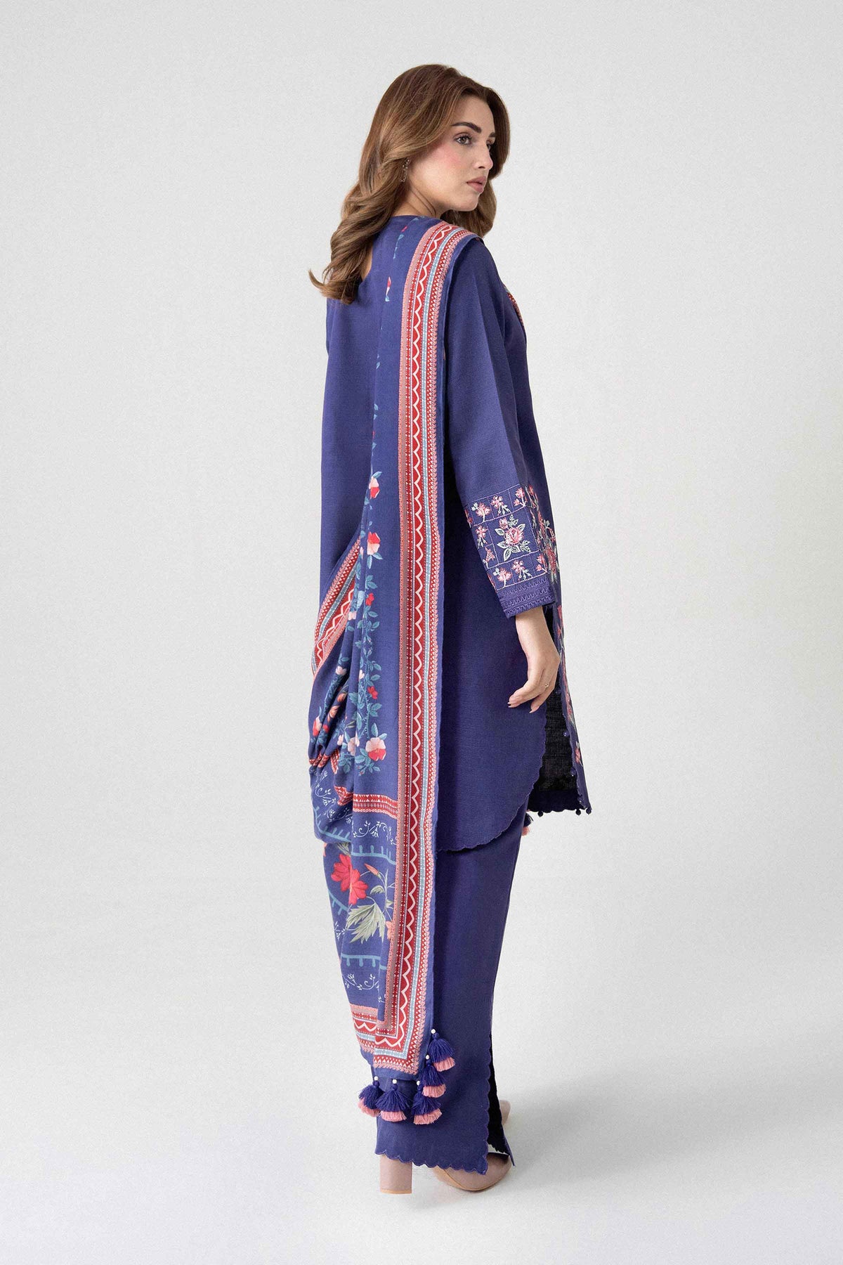 Purple 3-Piece Digital Printed Embroidered Suit in Khaddar unstitched