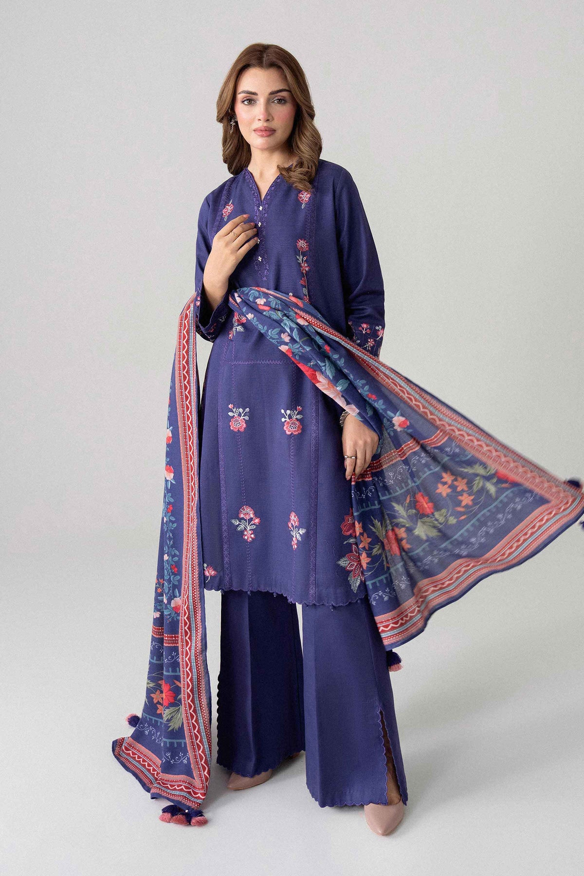 Purple 3-Piece Digital Printed Embroidered Suit in Khaddar unstitched