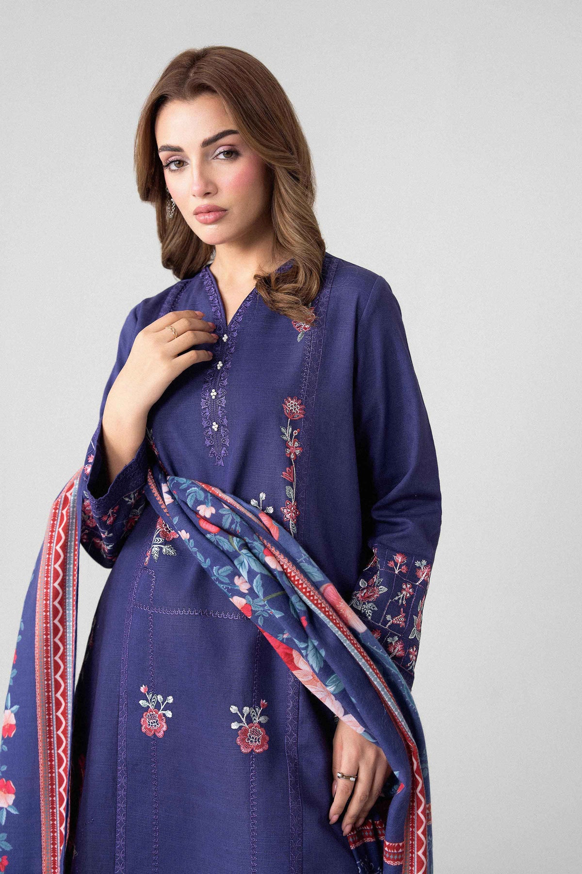 Purple 3-Piece Digital Printed Embroidered Suit in Khaddar unstitched