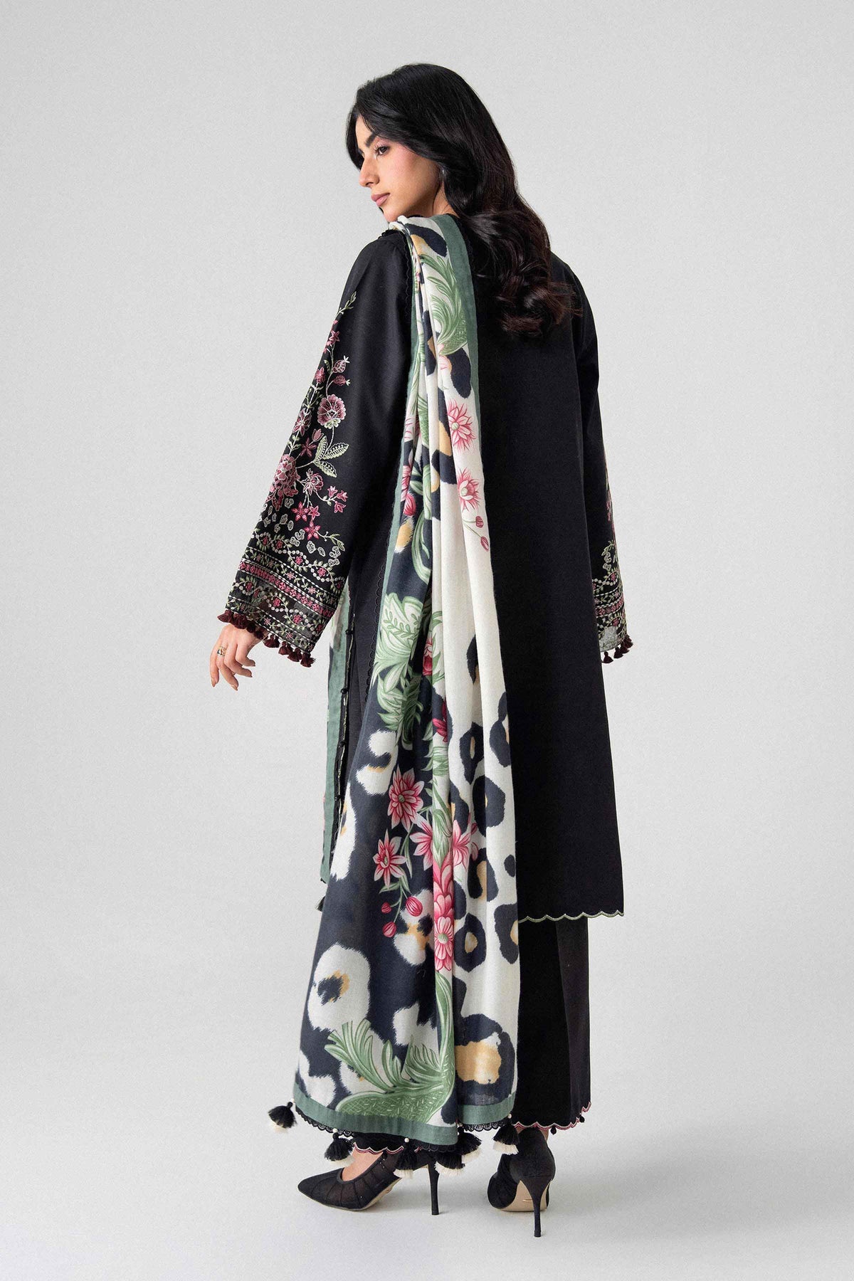 Black 3-Piece Digital Printed Embroidered Suit in Khaddar unstitched