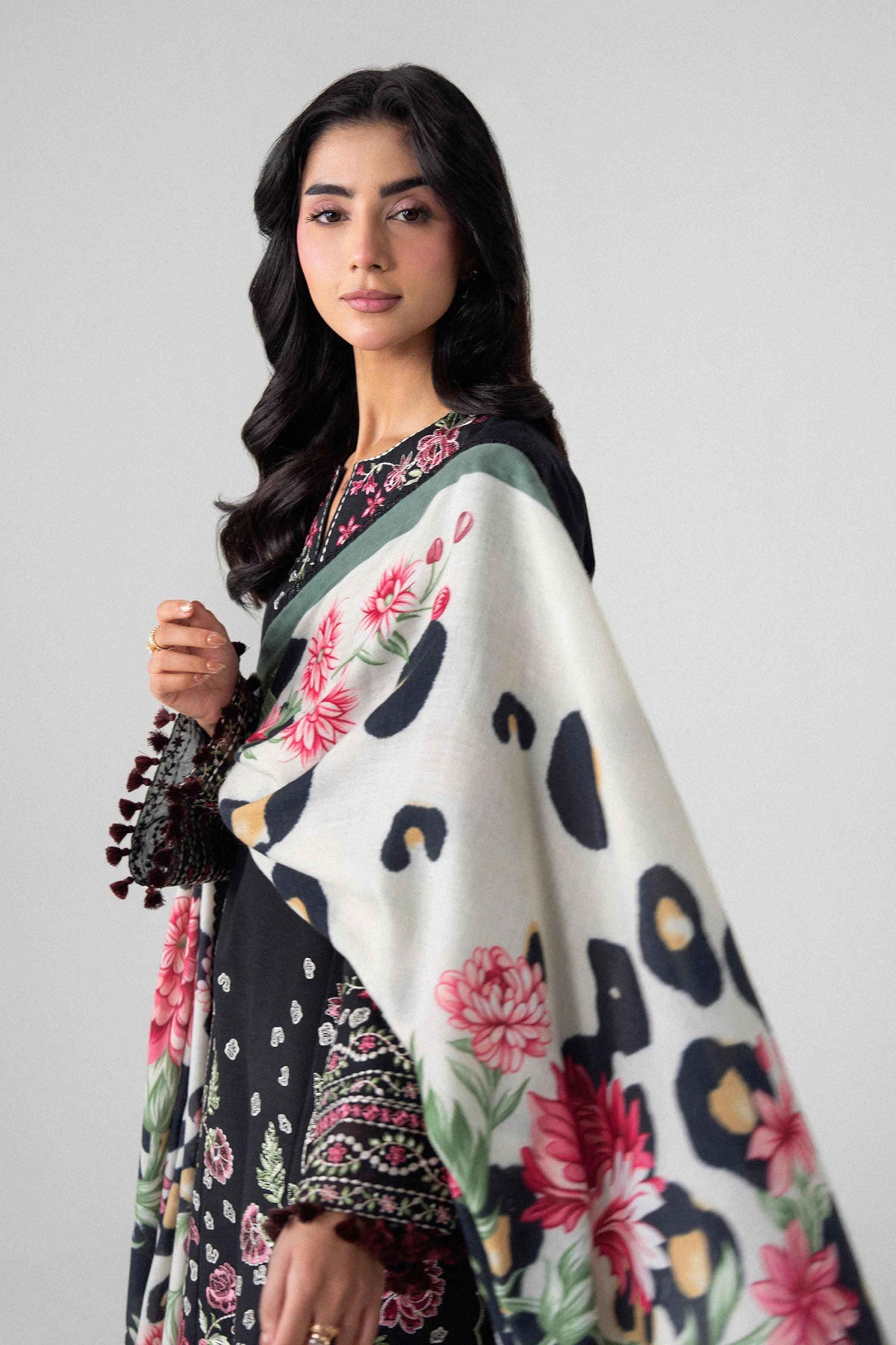 Black 3-Piece Digital Printed Embroidered Suit in Khaddar unstitched