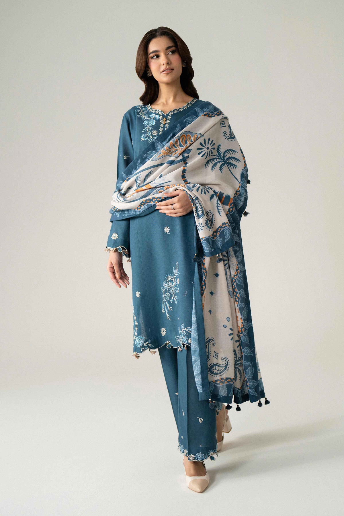Blue 3-Piece Digital Printed Embroidered Suit in Khaddar unstitched