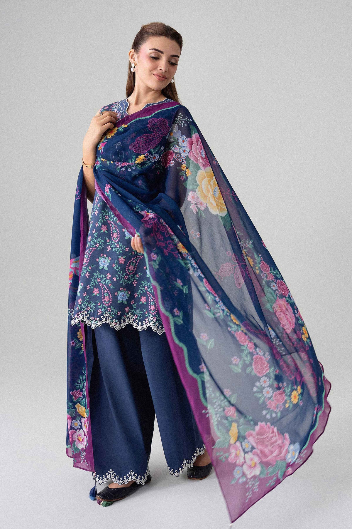 Blue 3-Piece Digital Printed Embroidered Suit in Lawn unstitched