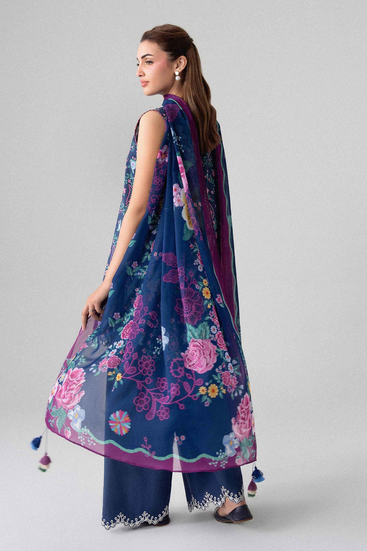 Blue 3-Piece Digital Printed Embroidered Suit in Lawn unstitched