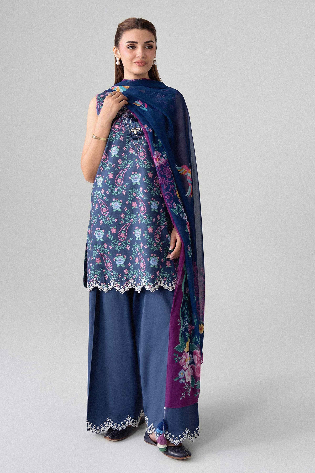 Blue 3-Piece Digital Printed Embroidered Suit in Lawn unstitched