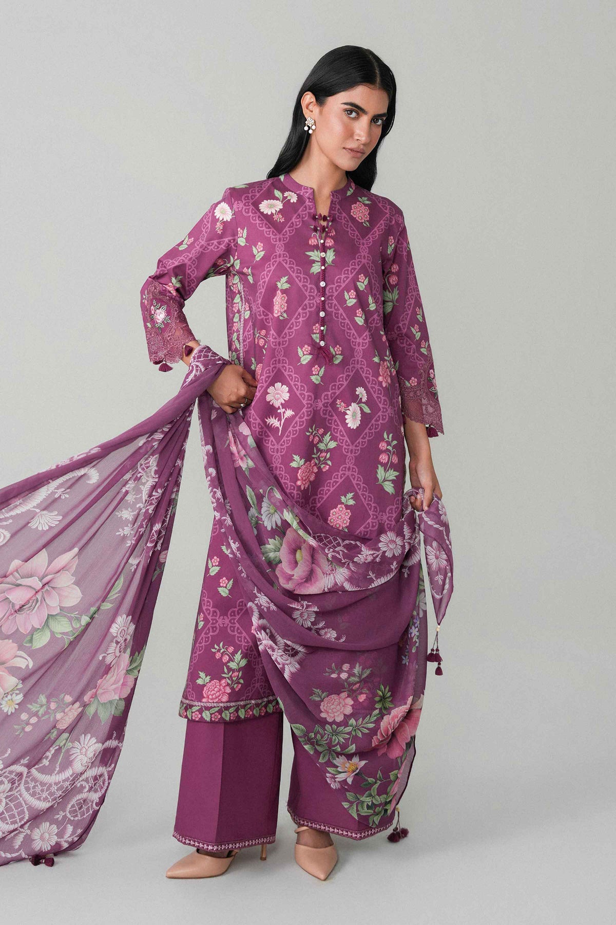 Purple 3-Piece Digital Printed Embroidered Suit in Lawn unstitched