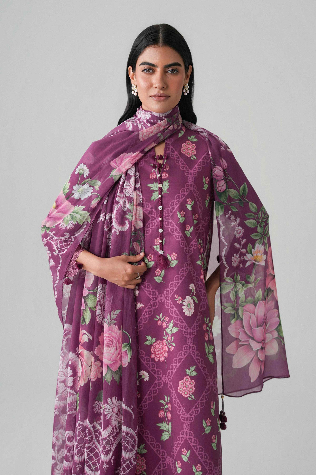 Purple 3-Piece Digital Printed Embroidered Suit in Lawn unstitched