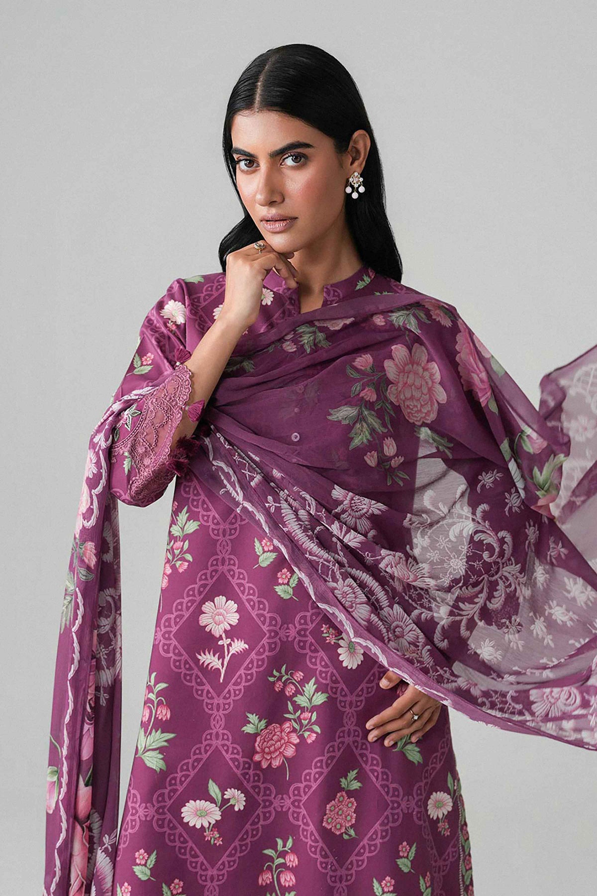 Purple 3-Piece Digital Printed Embroidered Suit in Lawn unstitched