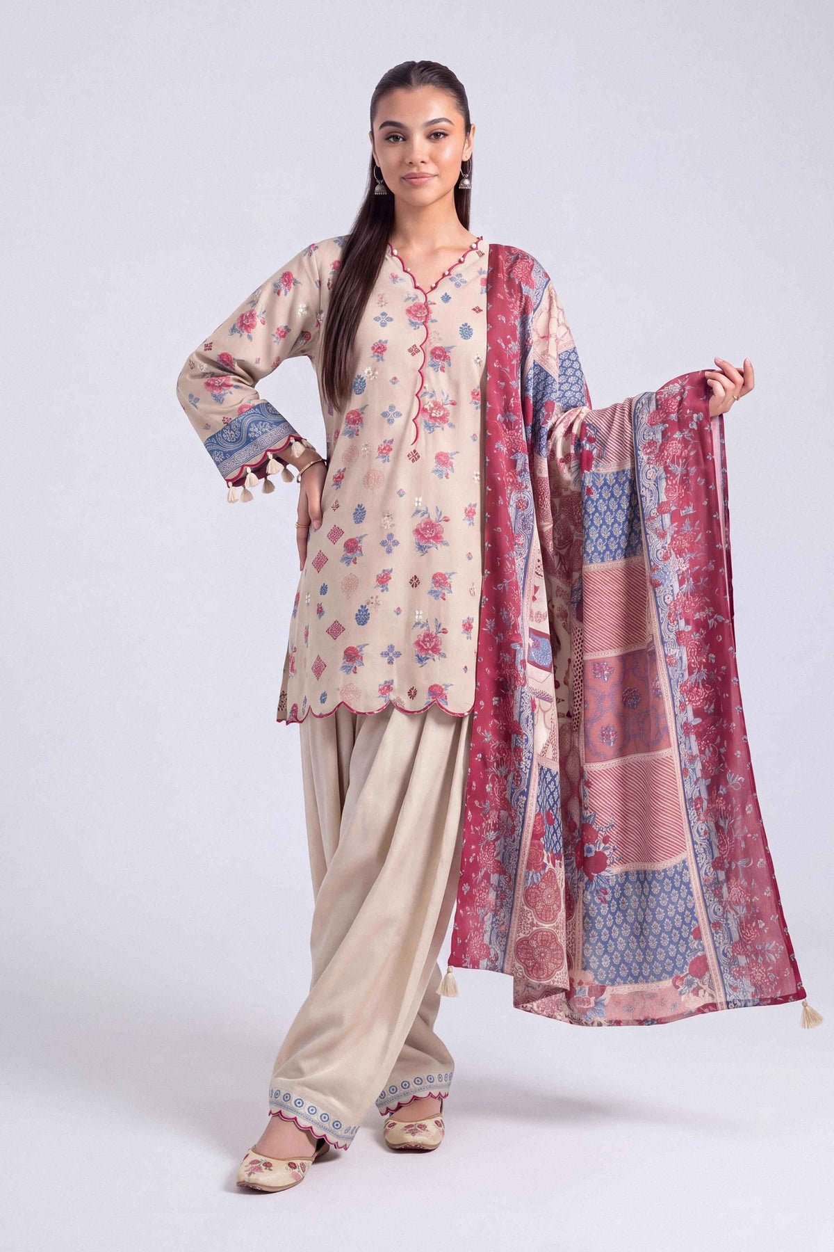 Multi 3-Piece Printed Embroidered Suit in Linen unstitched