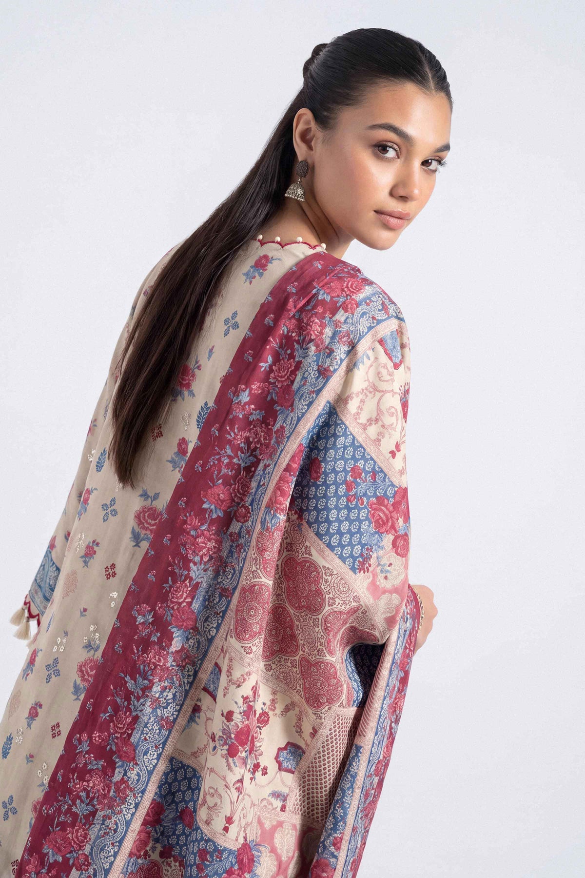 Multi 3-Piece Printed Embroidered Suit in Linen unstitched