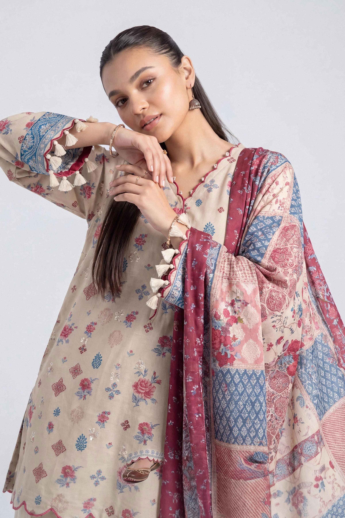 Multi 3-Piece Printed Embroidered Suit in Linen unstitched