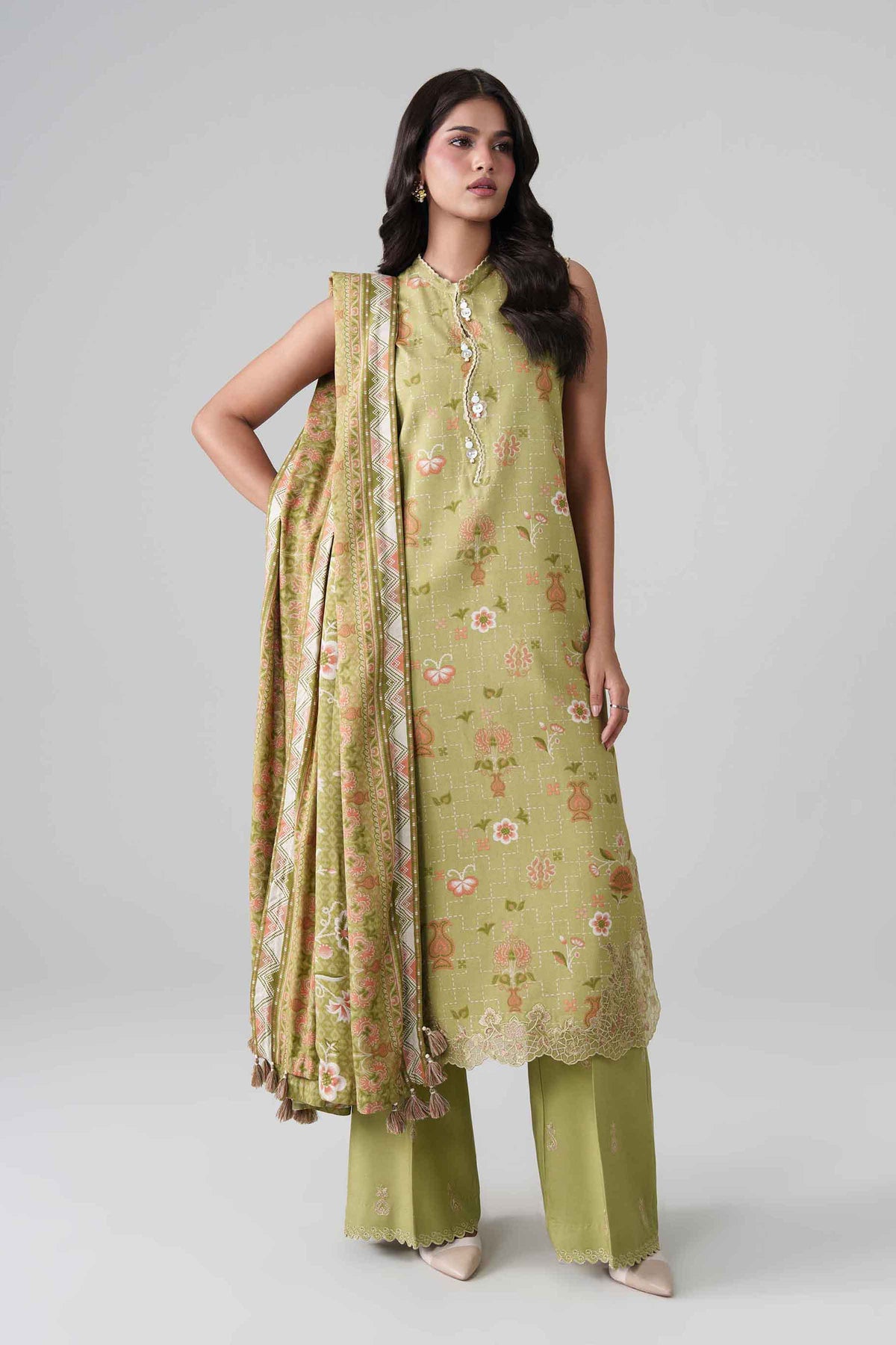 Green 3-Piece Printed Embroidered Suit in Linen unstitched