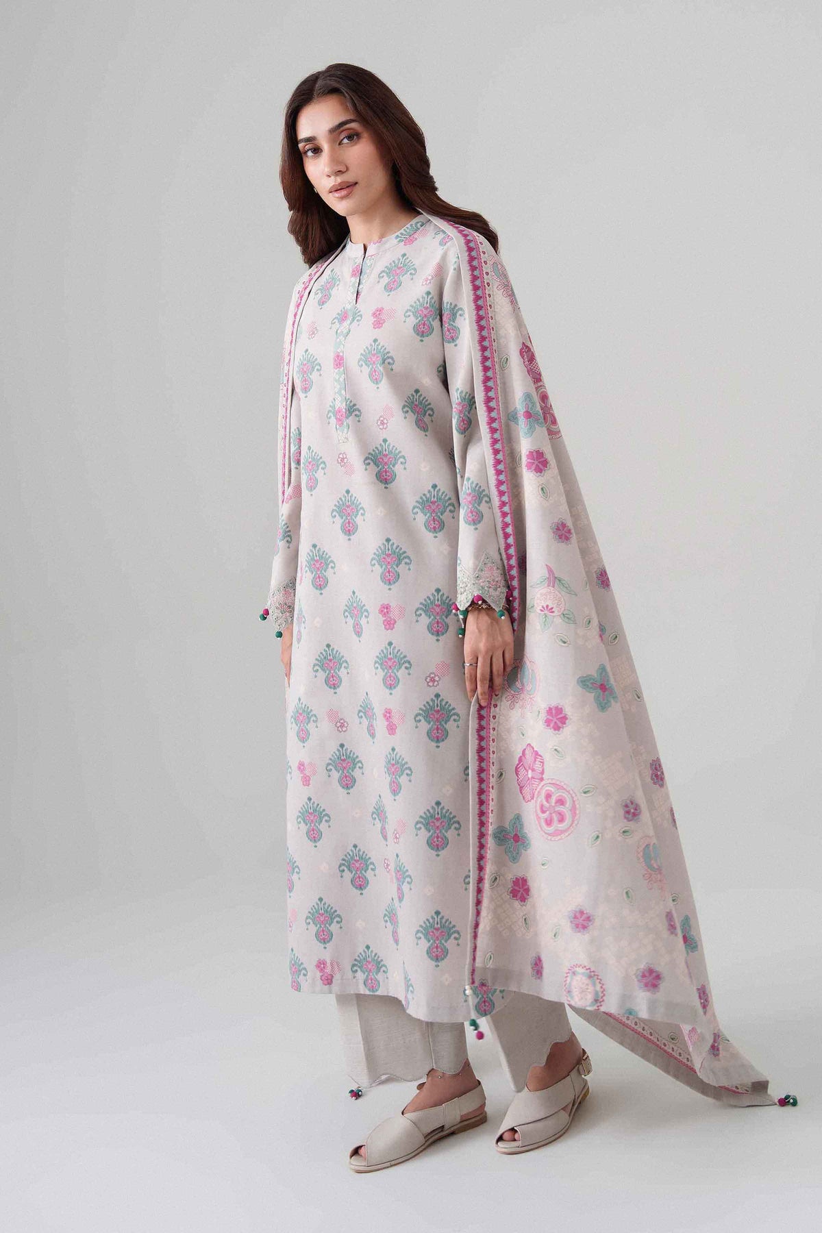 3-Piece Printed Embroidered Suit in Khaddar unstitched