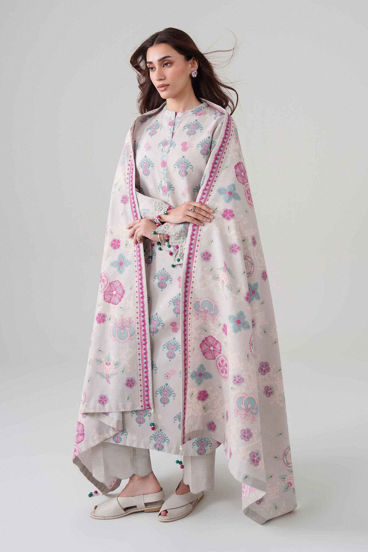 3-Piece Printed Embroidered Suit in Khaddar unstitched