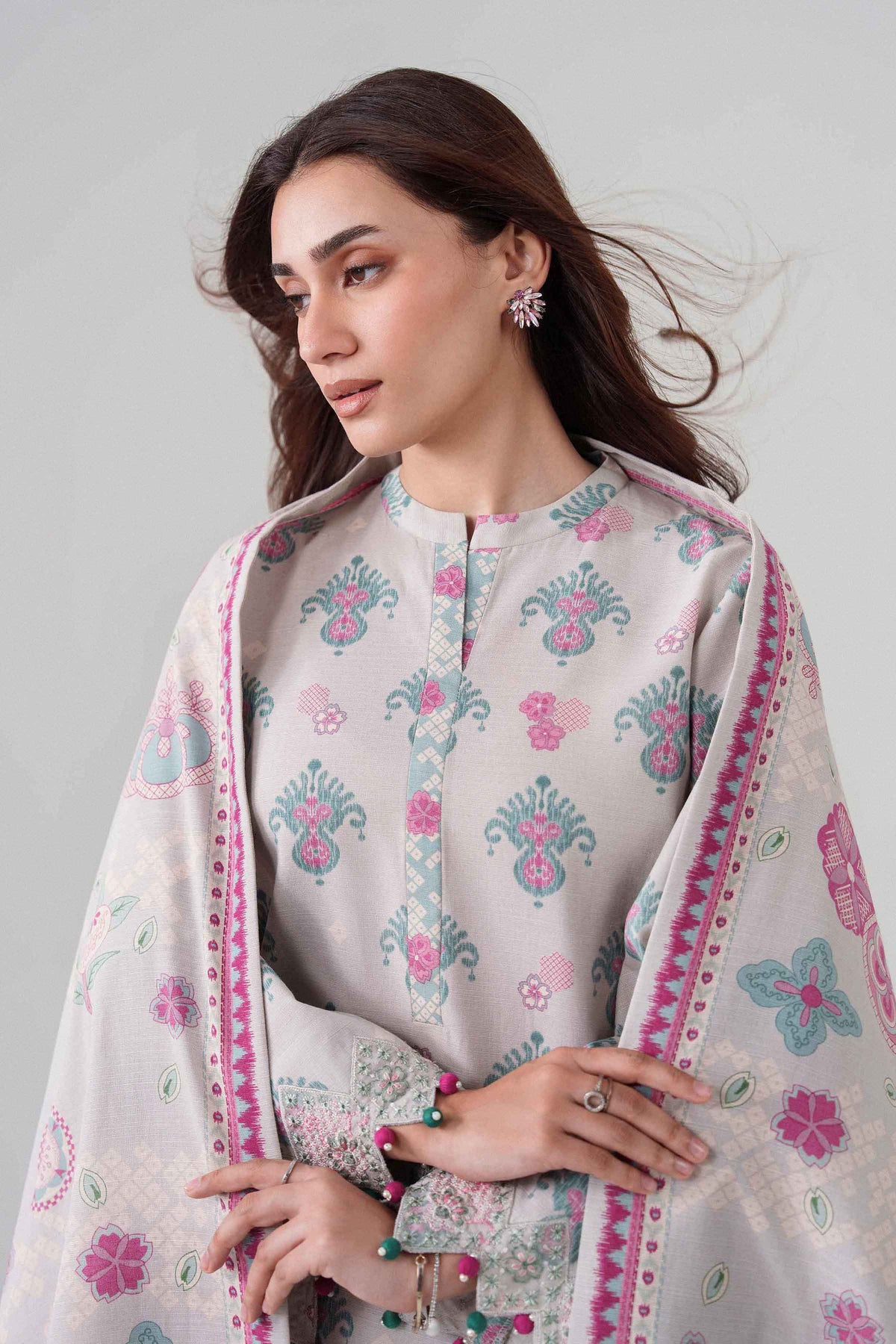 3-Piece Printed Embroidered Suit in Khaddar unstitched