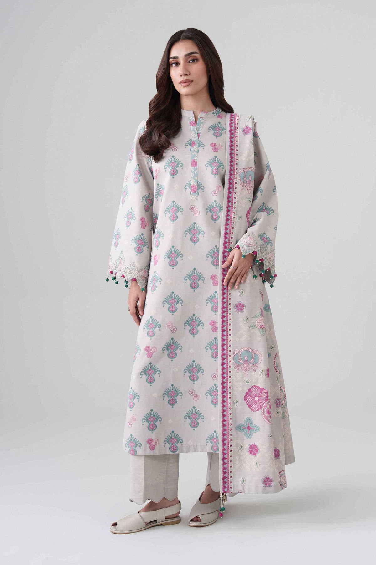 3-Piece Printed Embroidered Suit in Khaddar unstitched