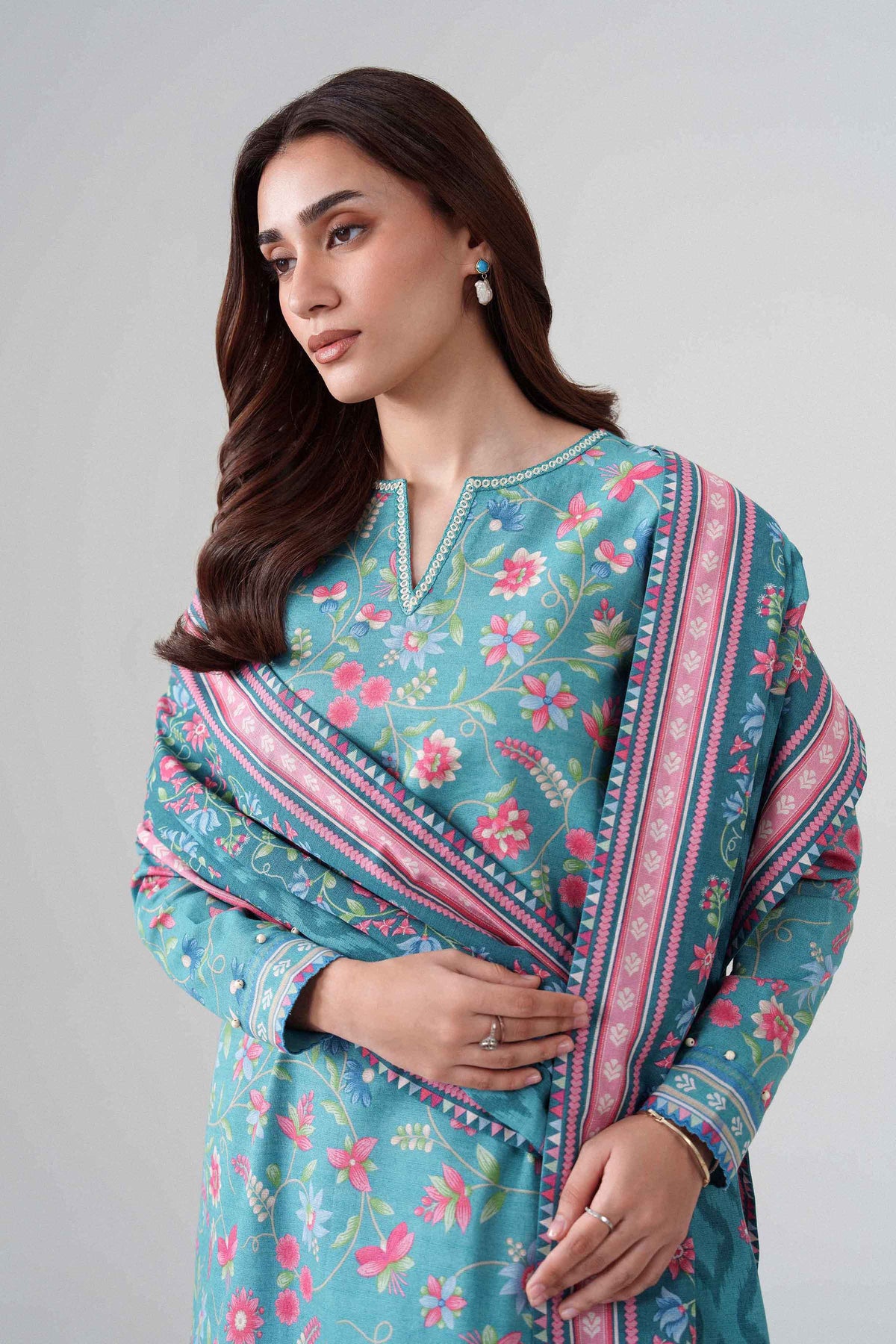 3-Piece Printed Embroidered Suit in Khaddar unstitched