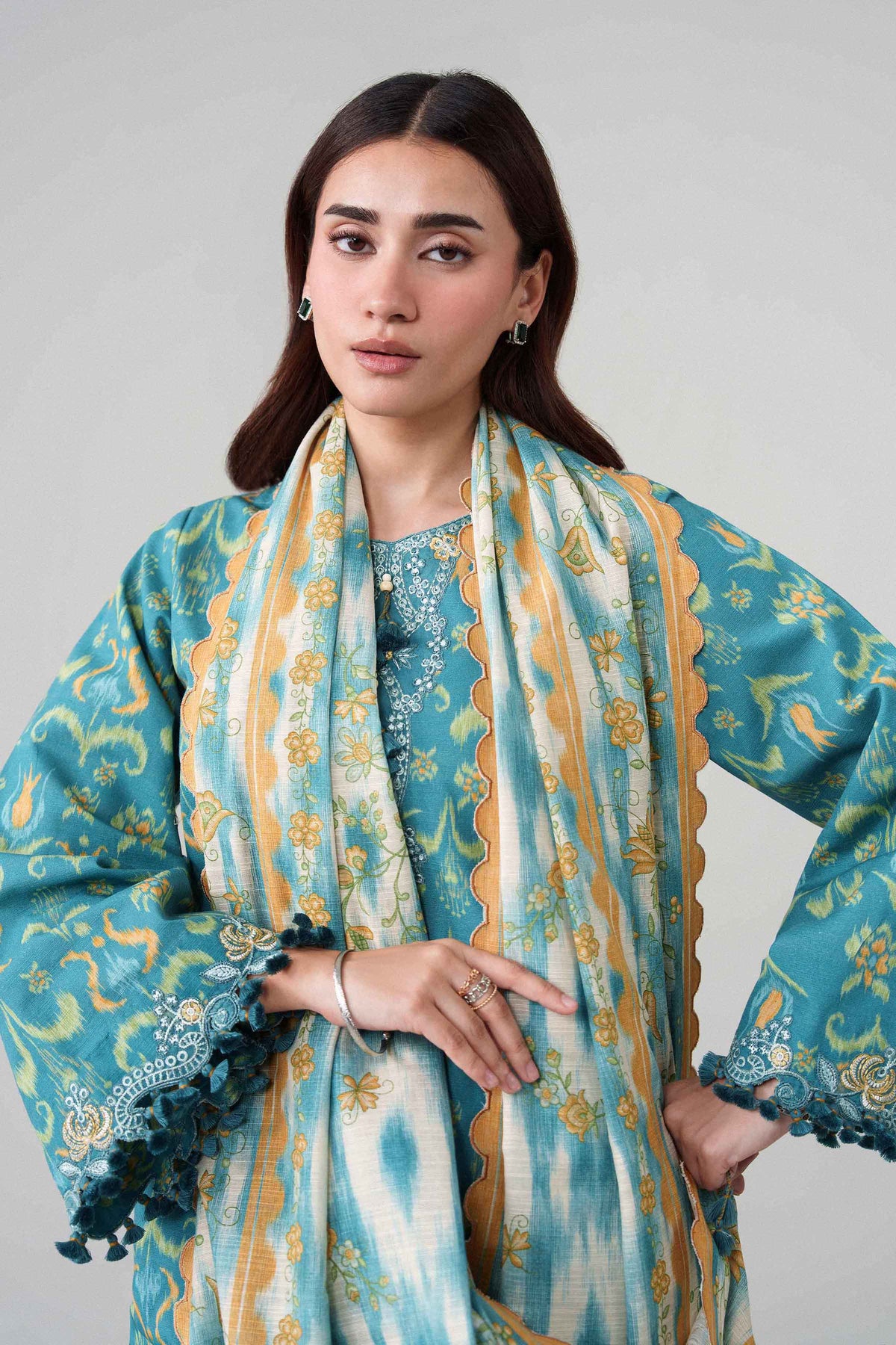 Blue 3-Piece Printed Embroidered Suit in Khaddar unstitched