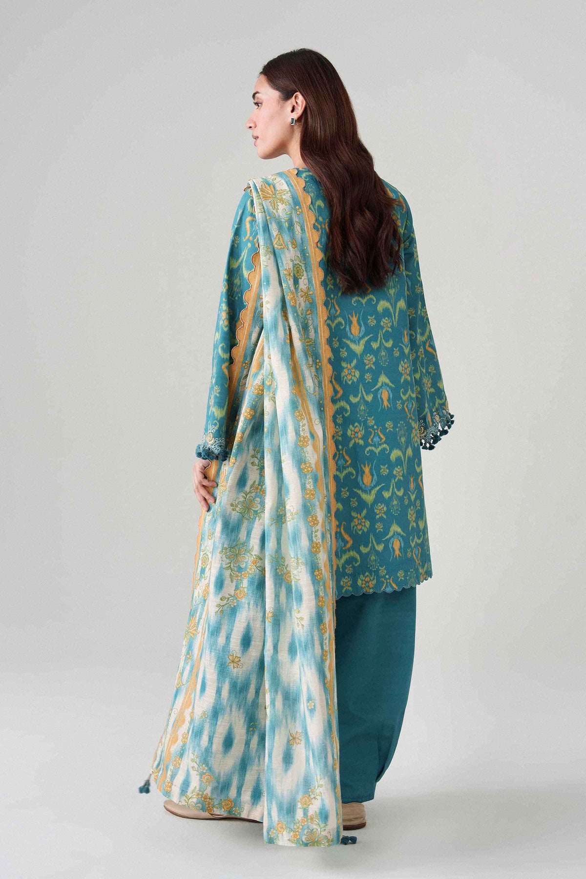Blue 3-Piece Printed Embroidered Suit in Khaddar unstitched
