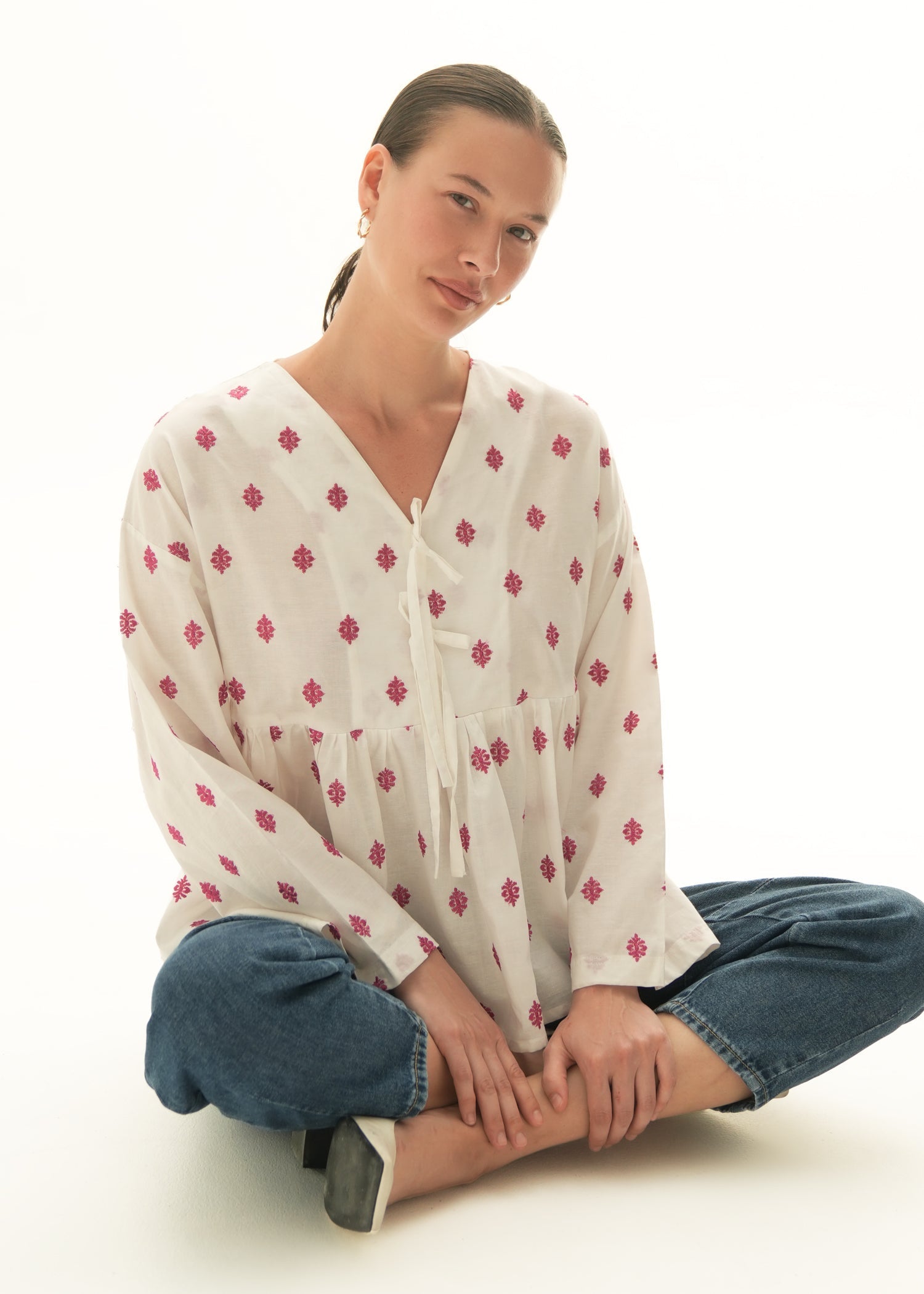 Embroidered Flared Cotton Top - KOA