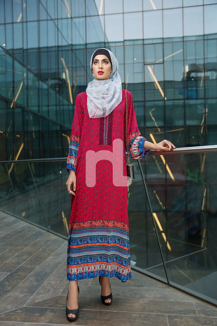DE18-05 Blue Digital Printed Stitched Cambric Jalabiya - Nishat Linen UAE