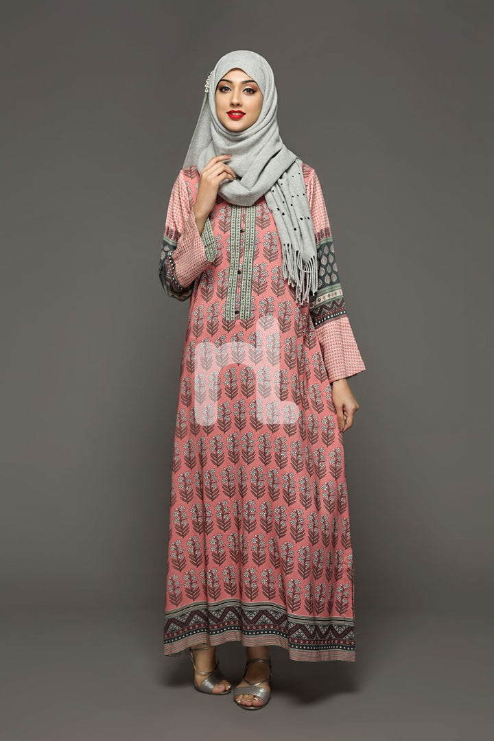 DW18-18 Pink Digital Printed Stitched Cotton Modal Jalabiya - 1PC - Nishat Linen UAE