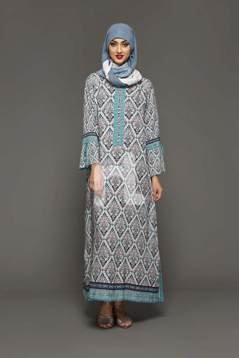 DW18-26 Grey Printed Stitched Cotton Modal Jalabiya - 1PC - Nishat Linen UAE