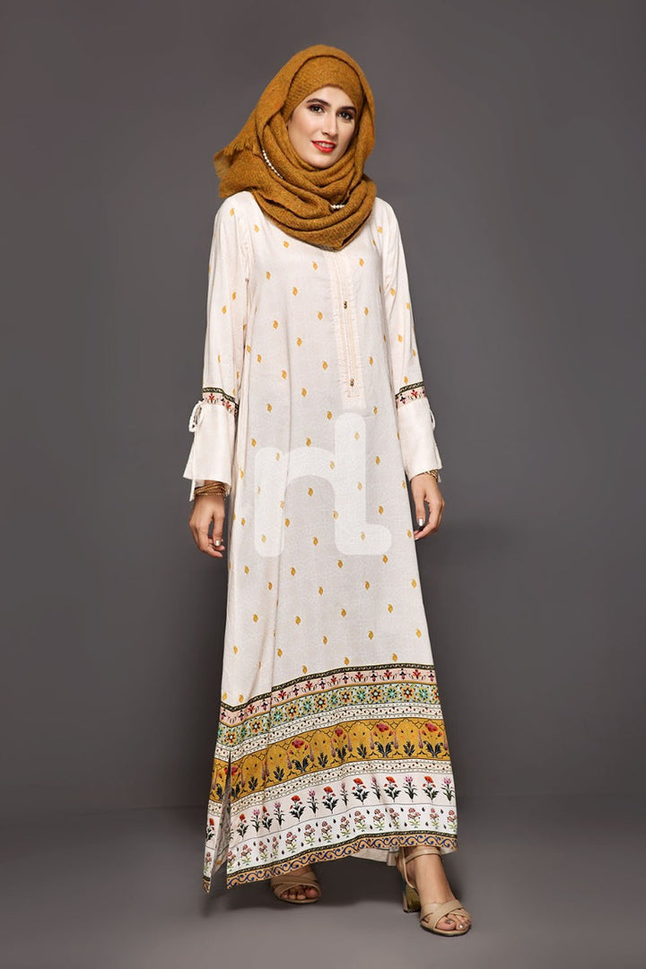 DW18-53 Beige Printed Stitched Cotton Modal Jalabiya - 1PC - Nishat Linen UAE