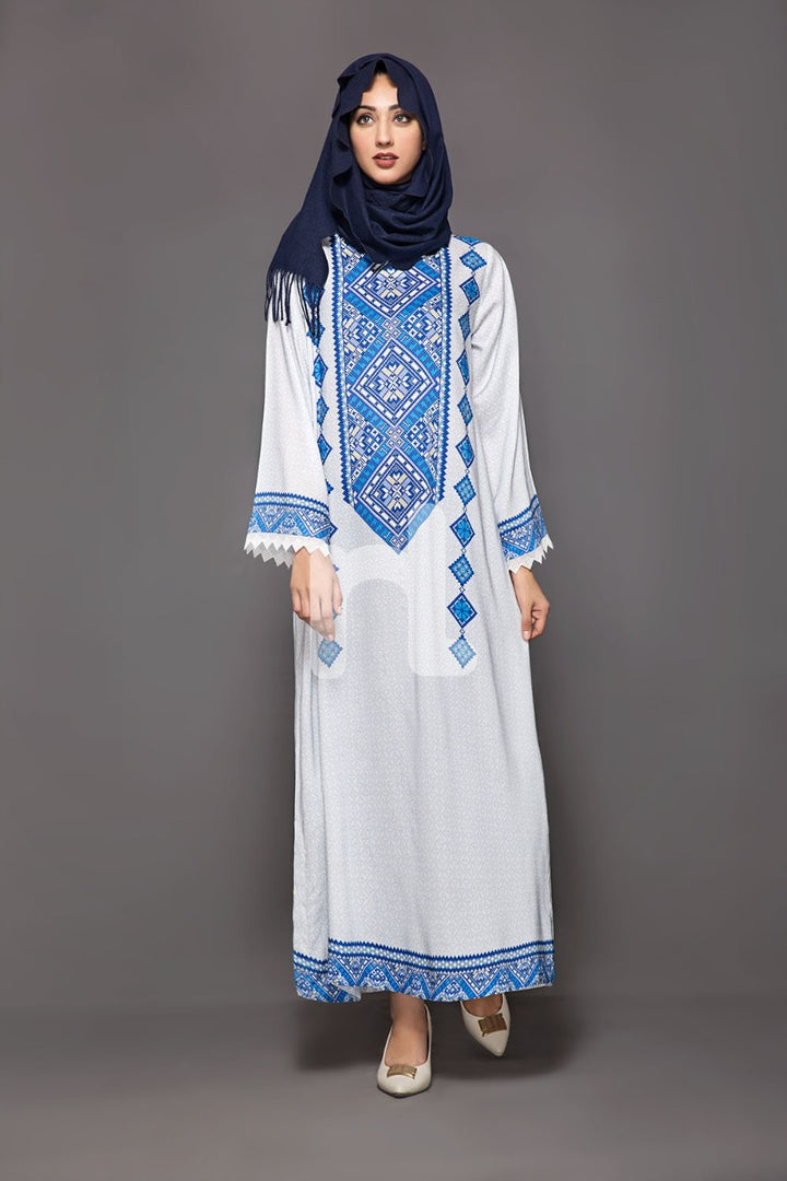 DW18-57 White Printed Stitched Cotton Modal Jalabiya - 1PC - Nishat Linen UAE