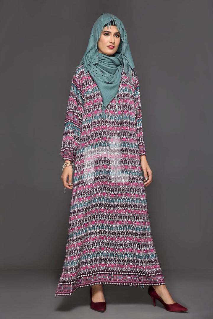 DW18-62 Pink Printed Stitched Cotton Modal Jalabiya - 1PC - Nishat Linen UAE